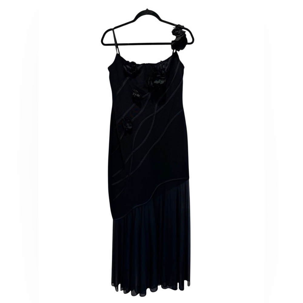 Tadashi Shoji Black Gown 3D Florals Flowers Sheer Bottom Small Vintage 90s Y2K